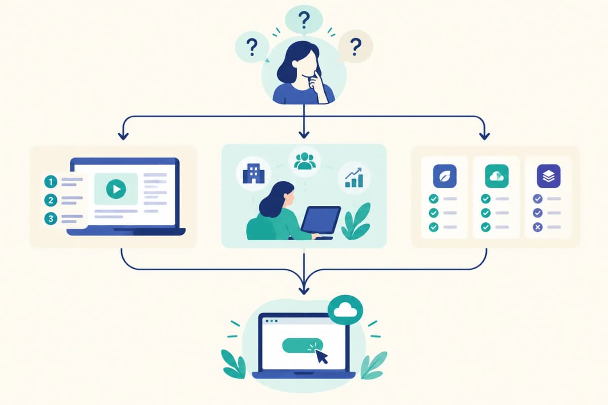 Buyer questions branching into a tutorial, use-case page, or comparison before a software trial