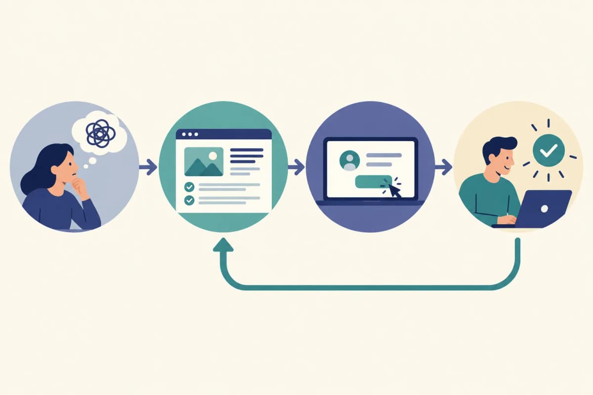 Connected path from a customer problem to a use-case page, trial, and activation with a feedback loop for improving content