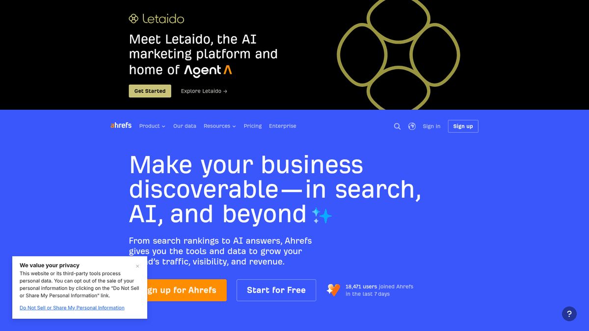 Website screenshot of Ahrefs homepage