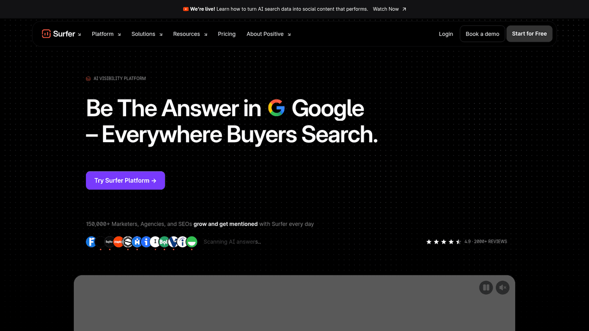 Surfer SEO home page for its content editing and optimization software