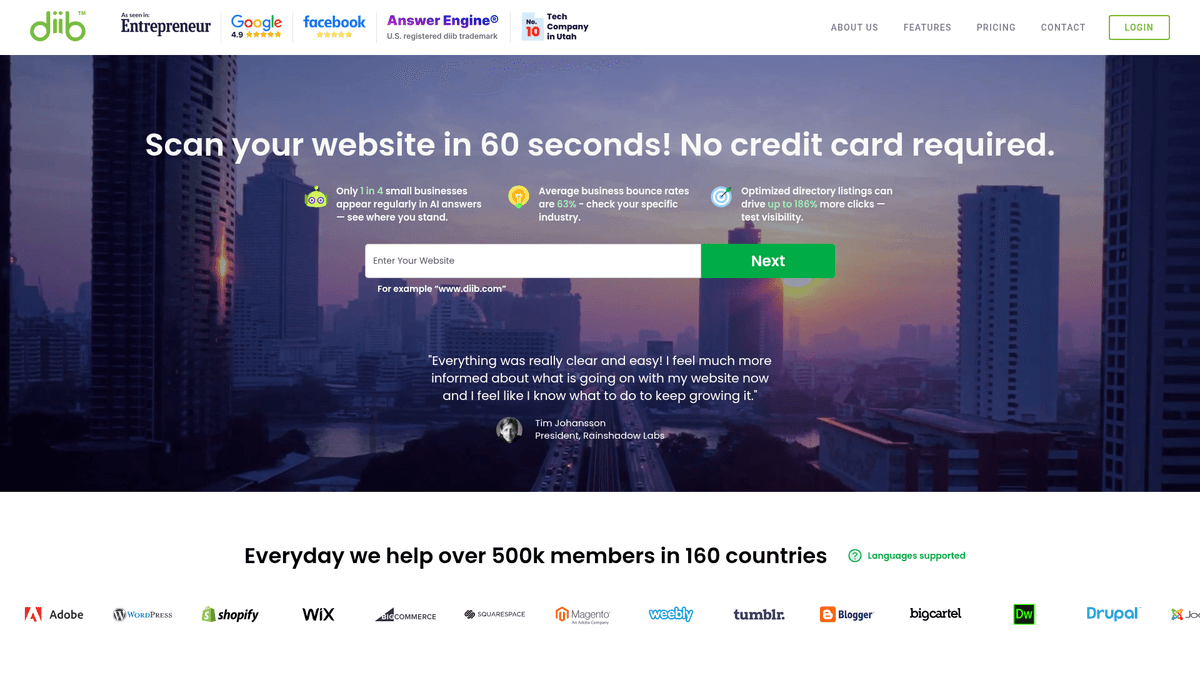 Website screenshot of Diib homepage