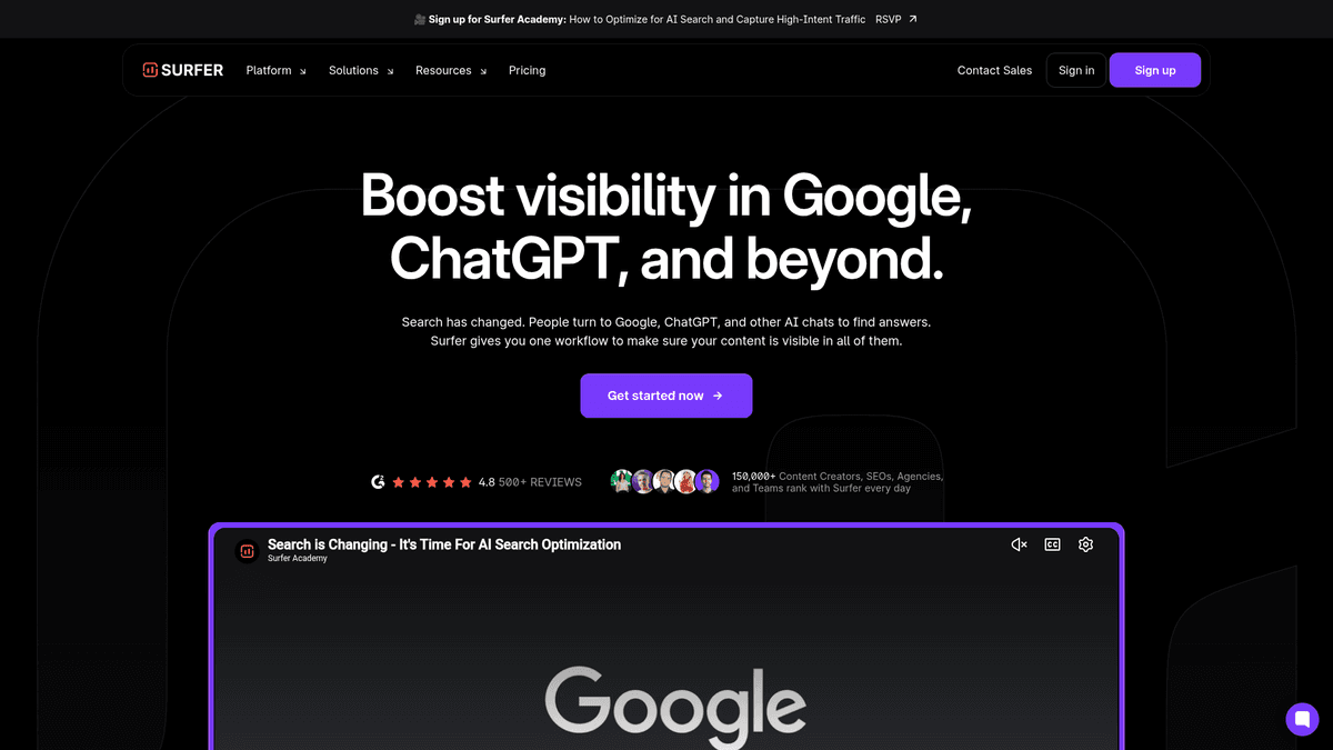 Website screenshot of Surfer SEO homepage
