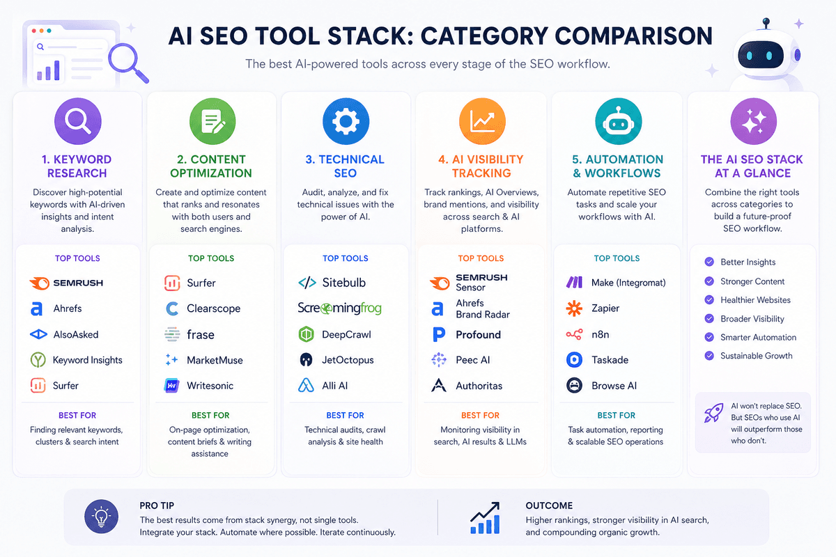 Infographic illustration showing AI SEO tool categories