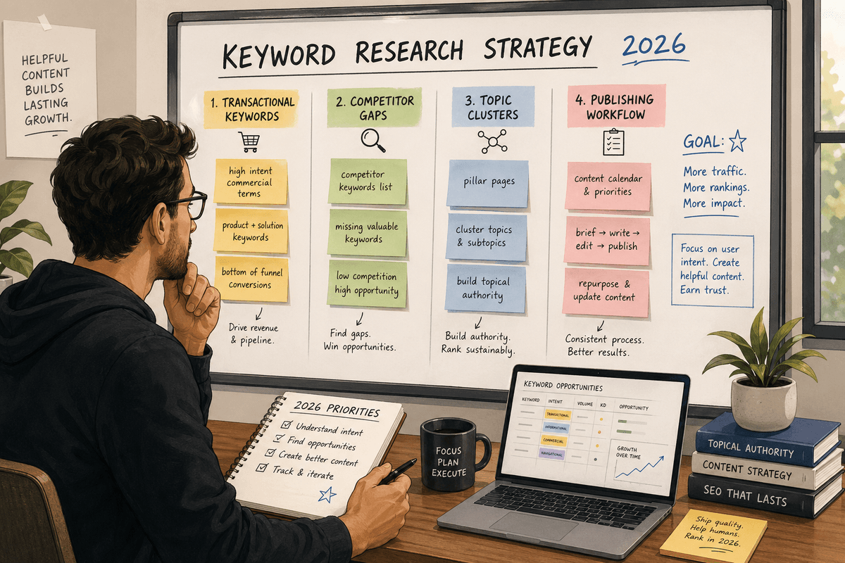 Illustration of founder planning keyword research strategy
