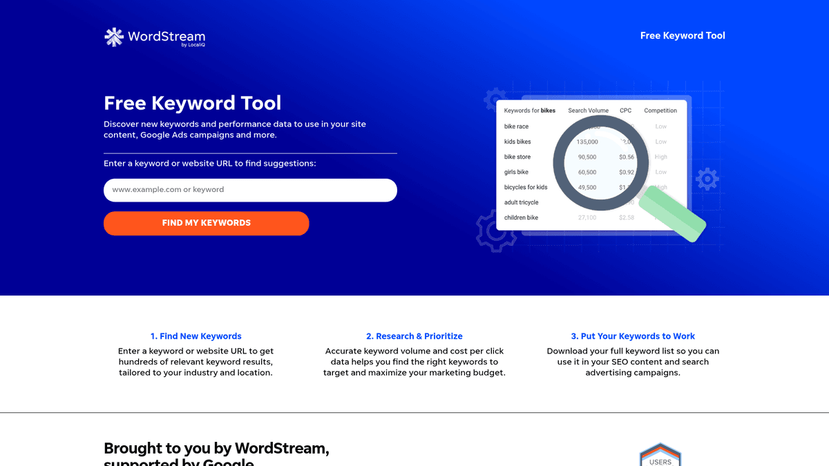Screenshot of WordStream Free Keyword Tool homepage