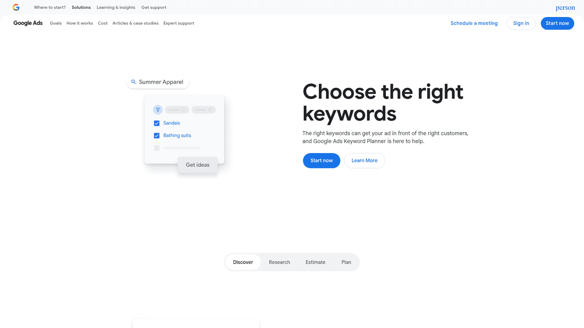 Screenshot of Google Keyword Planner homepage