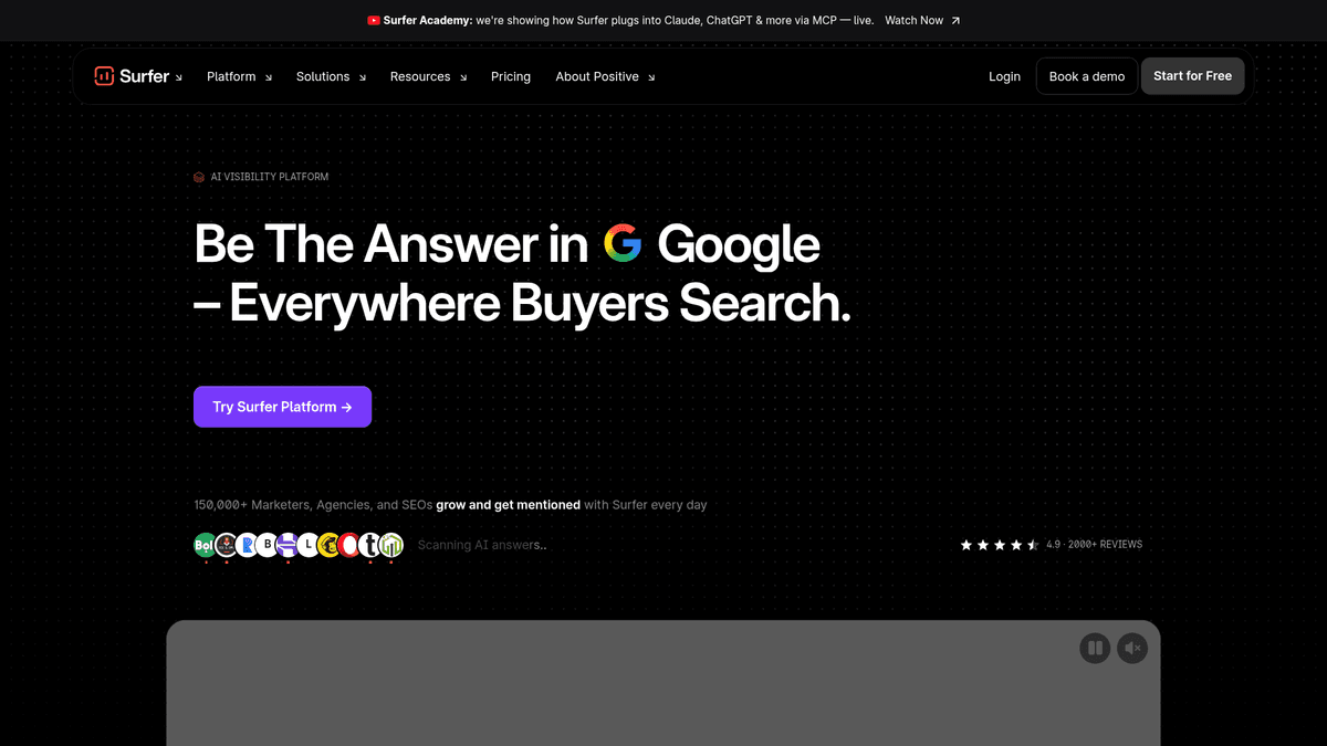 Screenshot of Surfer SEO homepage