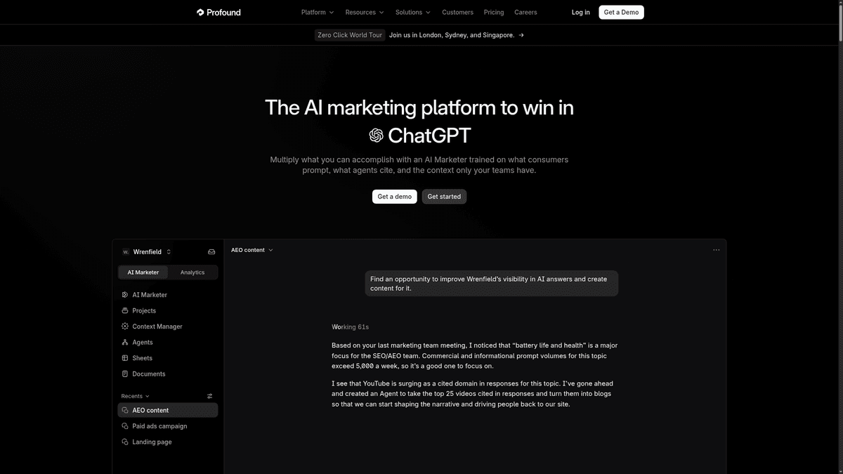Profound homepage for AI visibility analysis