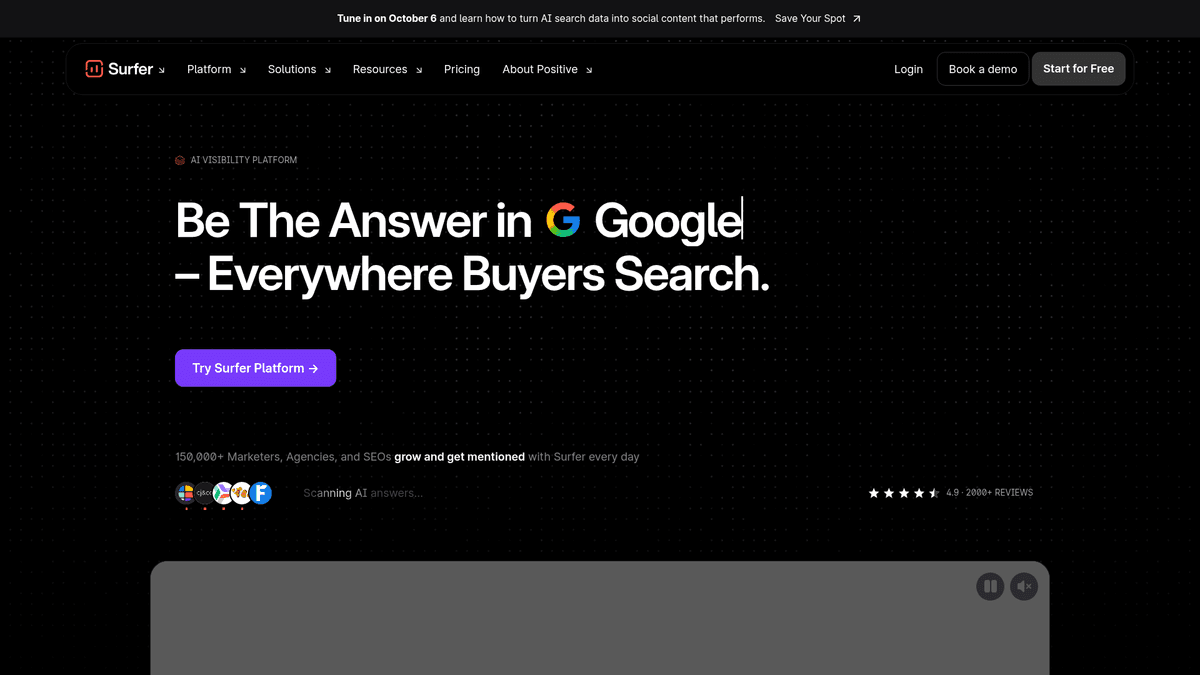 Surfer SEO homepage for content editing and optimization