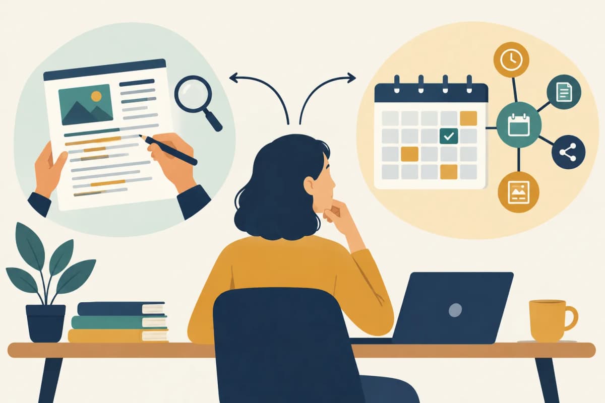Two paths for a niche site operator: editing each article or managing a scheduled publishing calendar