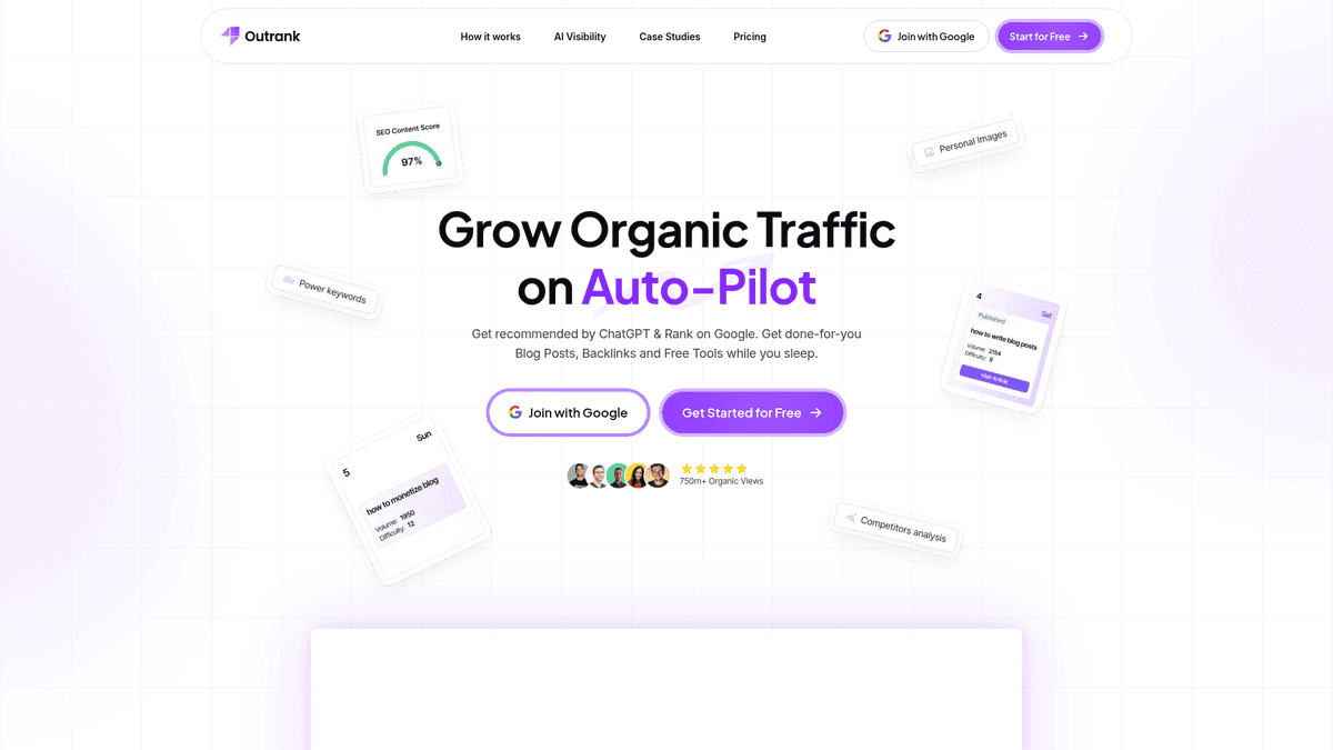 Outrank.so homepage for automated blog publishing