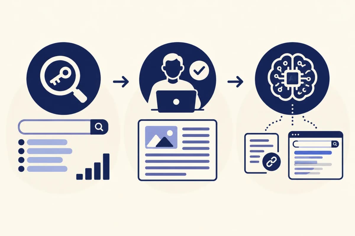 Editorial illustration of a niche site's path from topic research through a reviewed article to search discovery