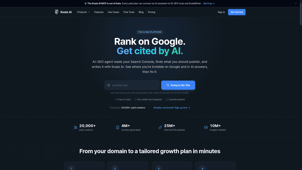 Koala AI homepage showing its AI SEO writing tools