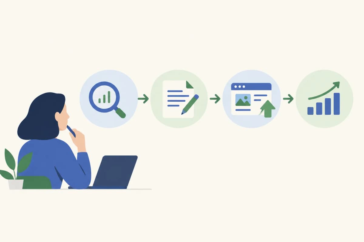 Illustrated sequence from content research and drafting to publishing and measurement