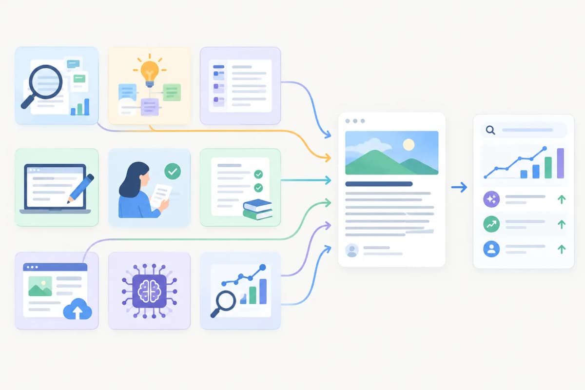 Illustration of a blog content workflow from research through publishing and AI-search measurement