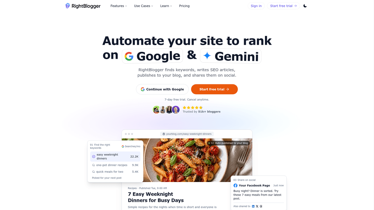 RightBlogger home page presenting its creator and blogging tools