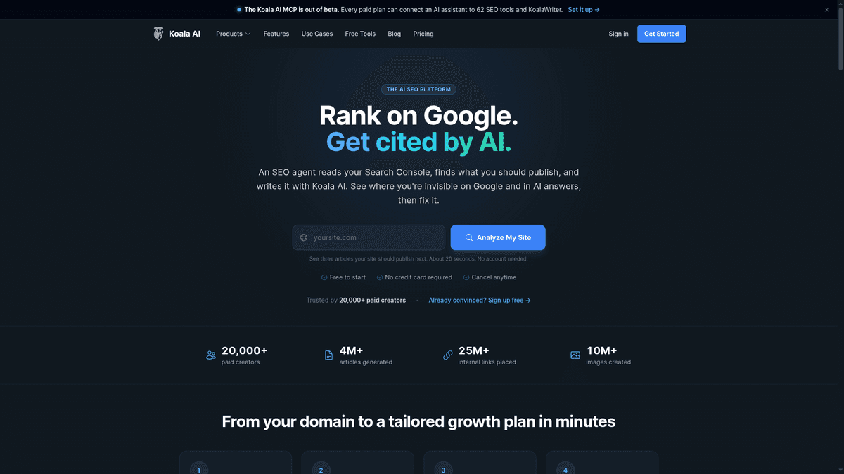 Koala AI home page for its AI article-writing product