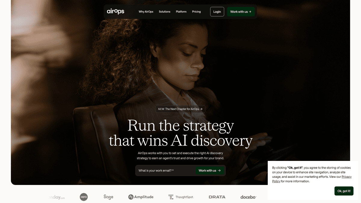 Screenshot of AirOps homepage and AI search optimization platform