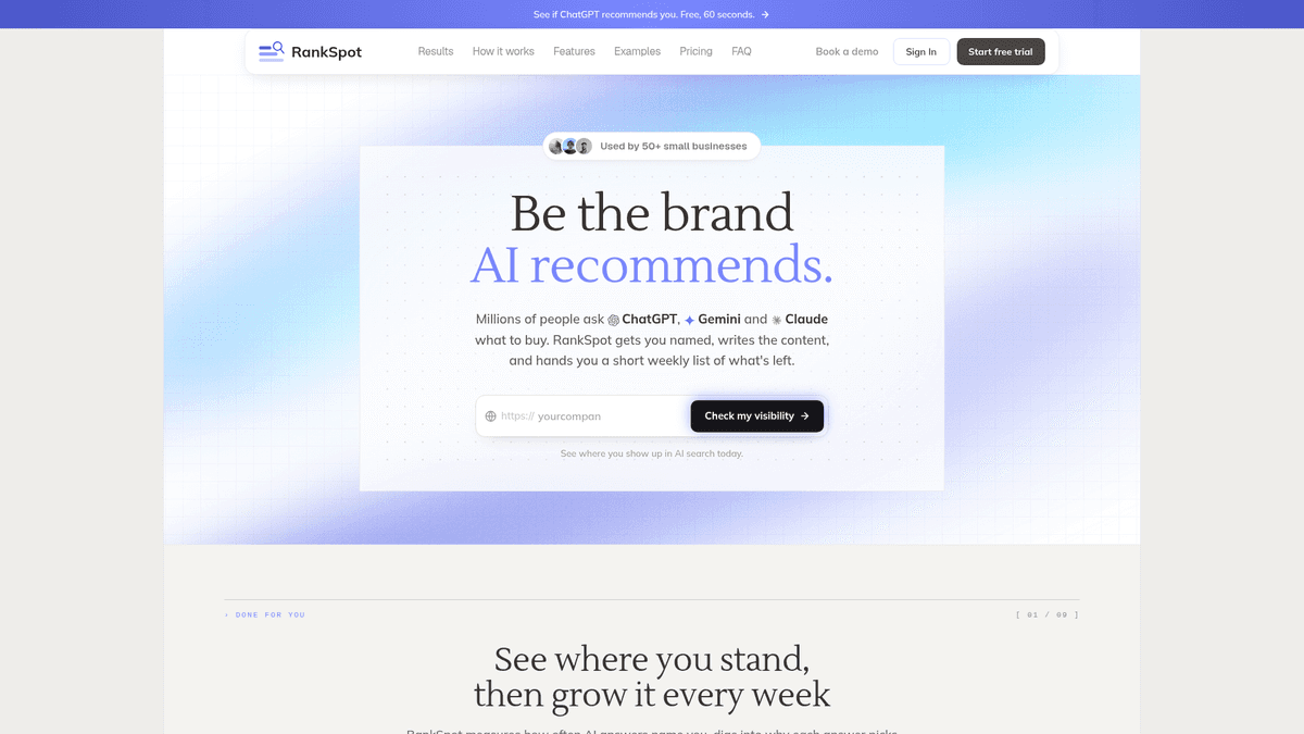 Screenshot of RankSpot homepage and SEO automation platform