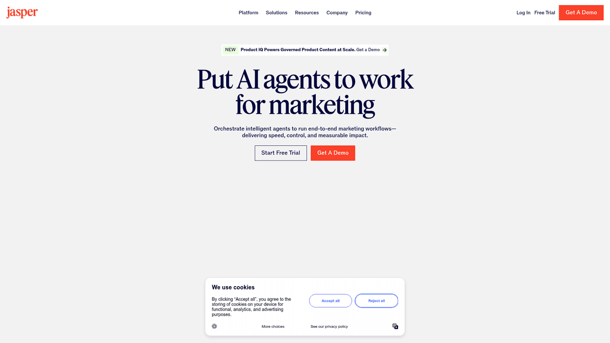 Screenshot of Jasper homepage and AI marketing content platform