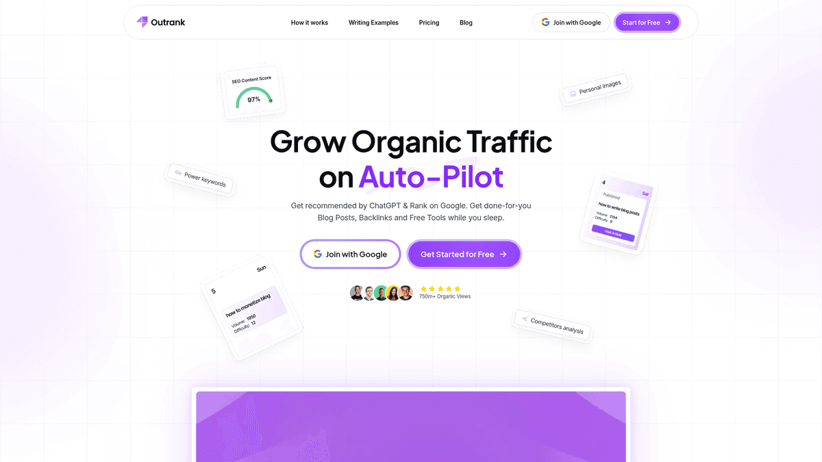 Screenshot of Outrank homepage and automated SEO workflow platform