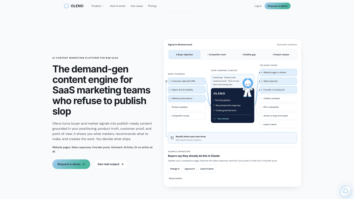 Screenshot of Oleno homepage and content operations platform