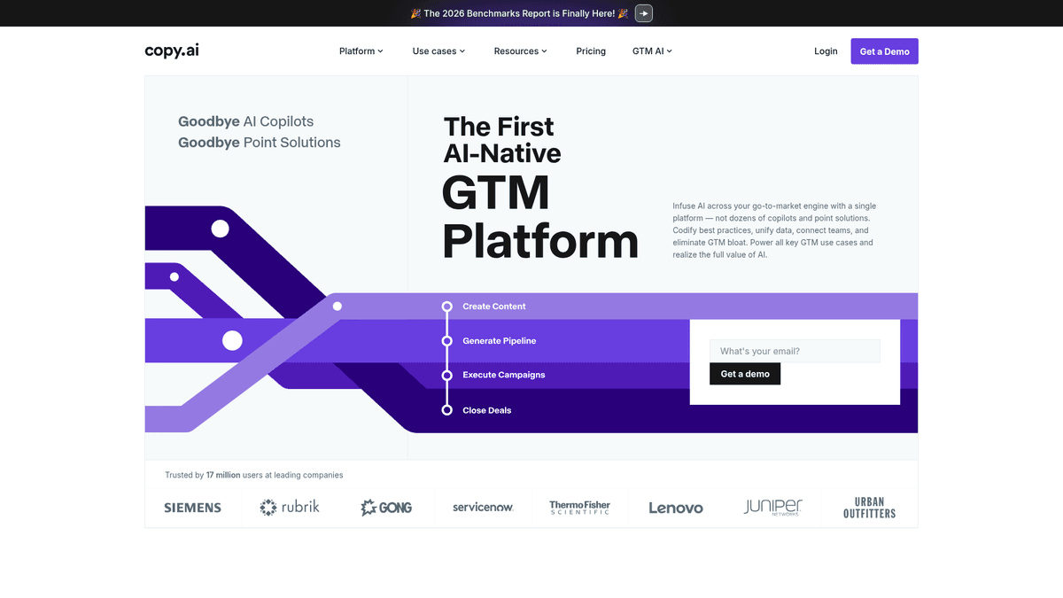 Screenshot of Copy.ai homepage and workflow automation platform