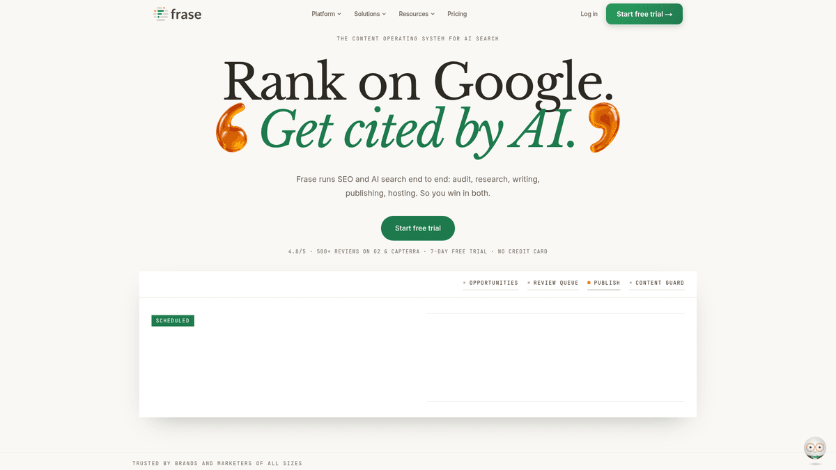 Screenshot of Frase homepage and SERP research tool