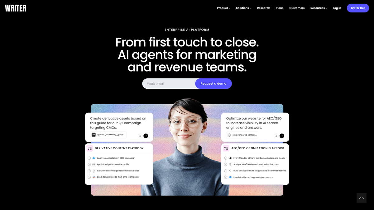 Screenshot of Writer.com homepage and enterprise AI writing platform