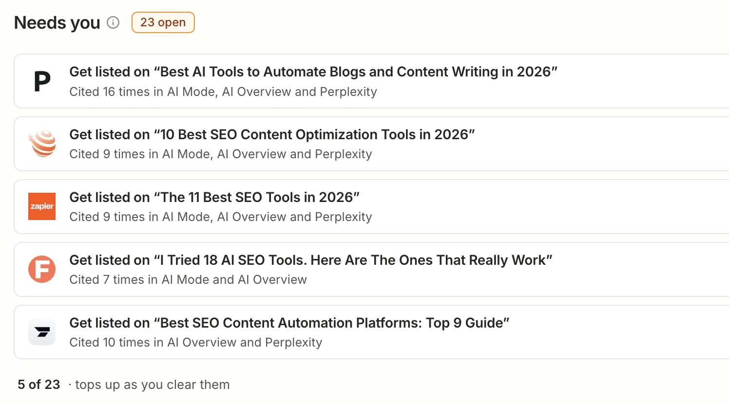 Needs you: high-value moves like getting listed on the roundups AI already cites