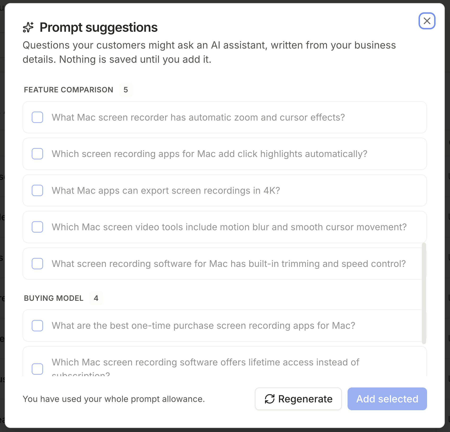 RankSpot suggesting the exact questions your customers ask AI assistants, grouped by intent